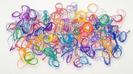 Fototapeta premium A chaotic yet artistic arrangement of vibrant, tangled wires in rainbow colors, creating an energetic and abstract visual effect on a clean background.. AI Generation