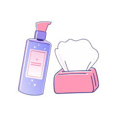 Minimalist vector illustration of a lotion bottle and tissue box, symbolizing personal care, hygiene, and skincare. Soft and modern design.
