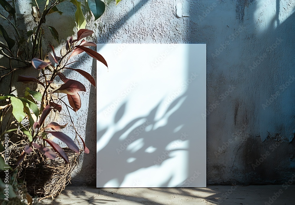 Poster blank canvas poster standing against a wall with shadows and greenery for interior design ideas : ge