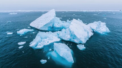 Iceberg melting idea. Aerial view of floating icebergs in a serene ocean landscape.