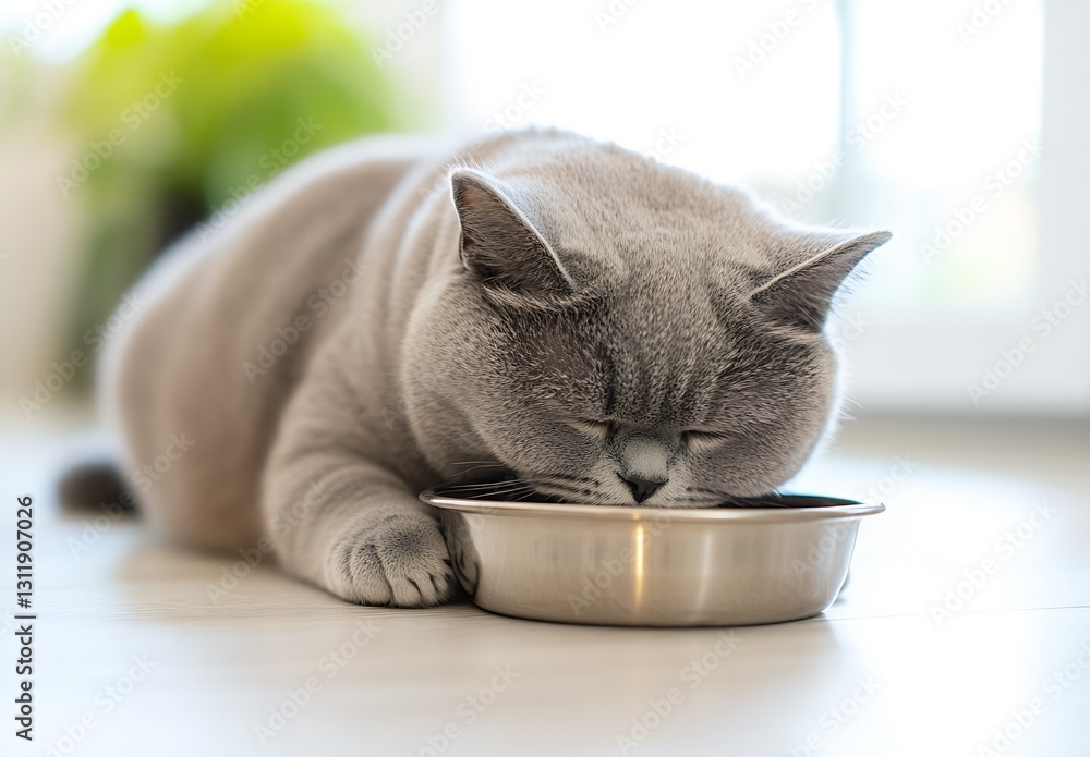 Poster plump cat resting its head on a food bowl while enjoying a peaceful moment indoors : generative ai