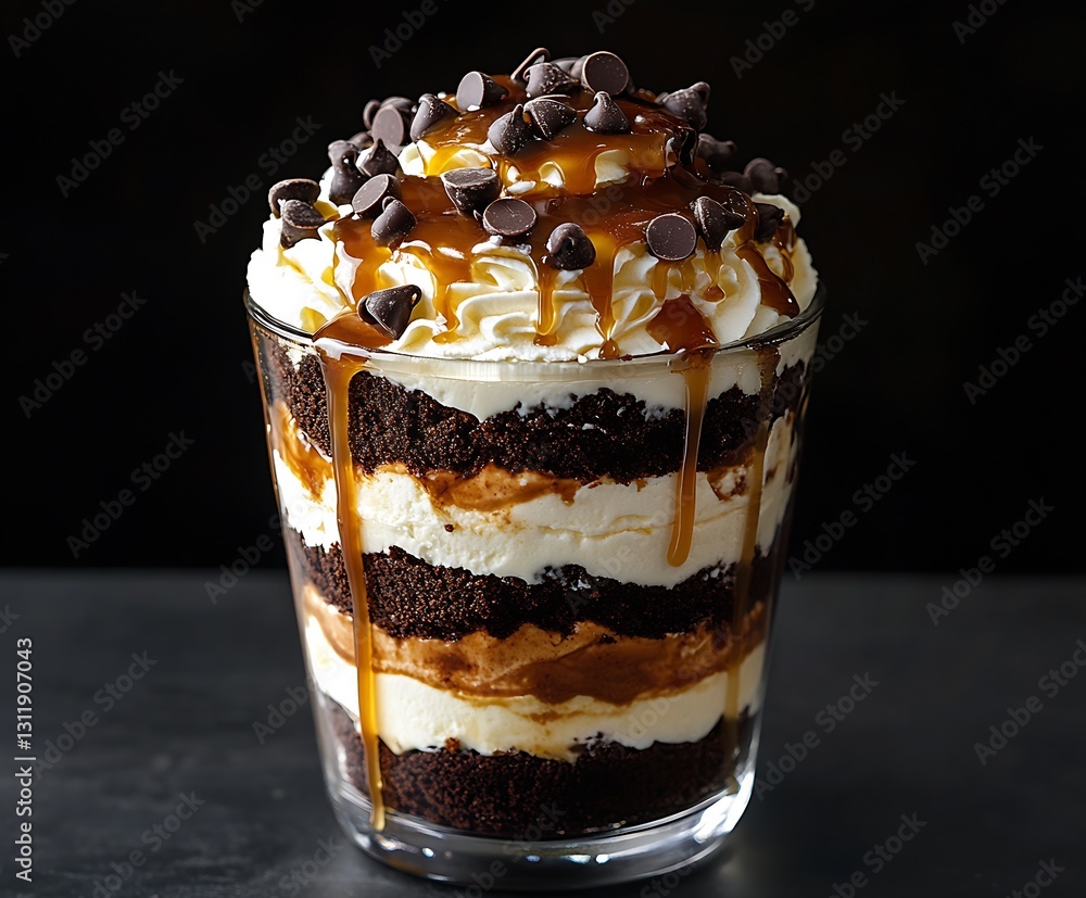 Poster scrumptious chocolate dessert layers with whipped cream and caramel drizzle in a glass : generative 