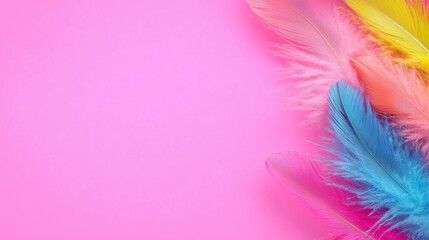 Colorful Feathers on Pink Background Vibrant Flat Lay