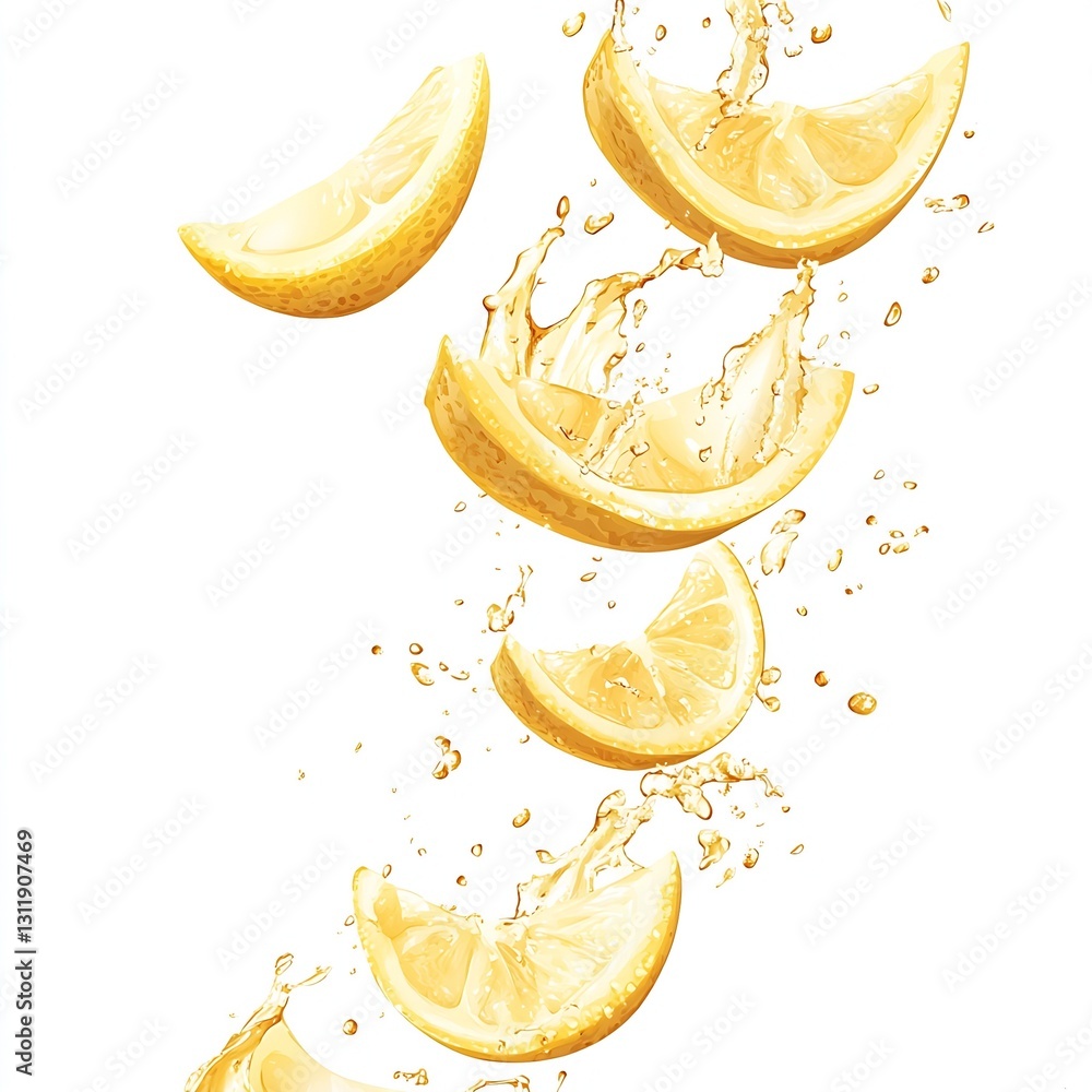 Poster juicy lemon slices splashing and flying in air for a refreshing culinary experience : generative ai
