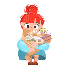 Happy child girl presenting a bouquet of daisies and lavender wrapped in craft paper.Perfect for Mother's Day,Teacher's Day,card,print,children's themes,happy birthday.Vector illustration