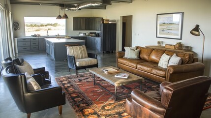 Stylish Open-concept Living Room Interior with Leather Furniture and Kitchen