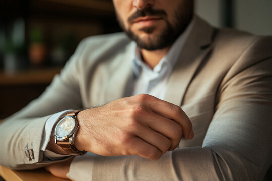 Elegant man checks time while sitting in a sophisticated urban cafe during the day