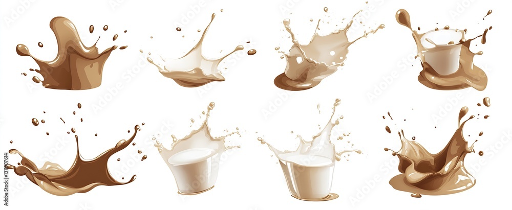 Poster elegant splashes of light and dark brown liquid with cups showing dynamic motion on white background