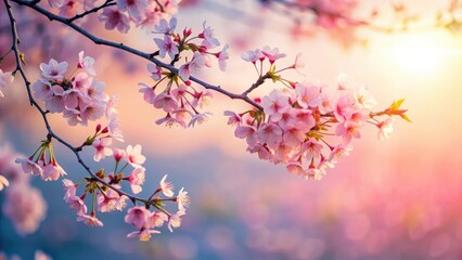 Obraz premium Serene Sunset Blossom Delicate Pink Flowers on Branch Silhouetted Against Warm Hues