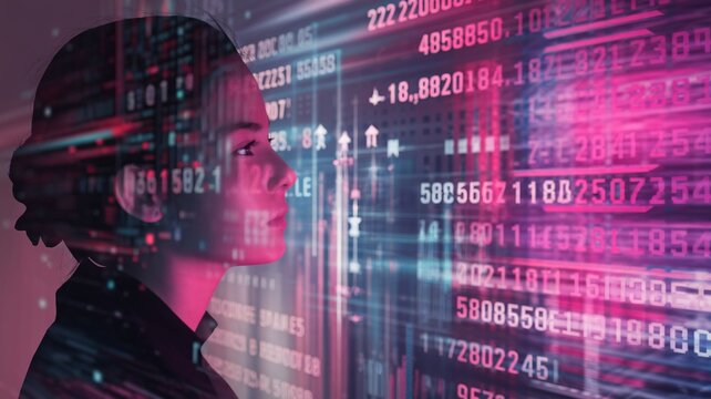 Pensive woman analyzing digital data, gazing at futuristic interface with vibrant colors.