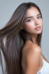 Naklejka premium Stunning woman with flowing silky brunette hair in a beauty portrait style