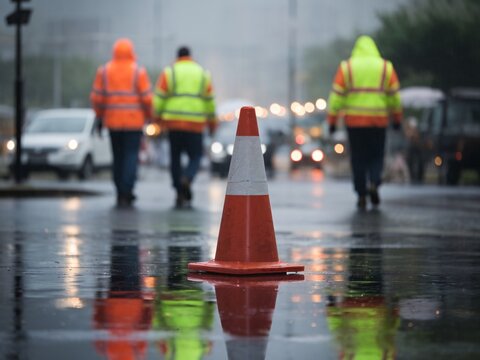 Three road workers in neon jackets walk past an orange traffic cone on a rainy day.