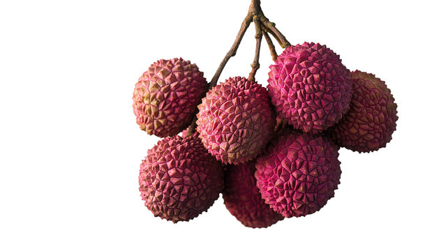 A bunch of lychee fruits hanging together, cut out and isolated on a transparent background