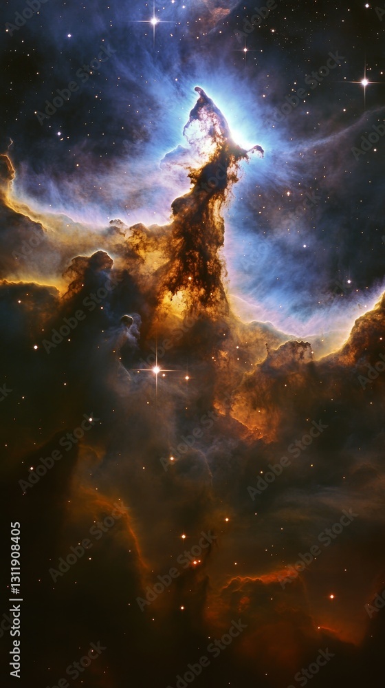 Poster an ethereal image of an illuminated nebula surrounded by bright glowing light, cosmic clouds, and tw