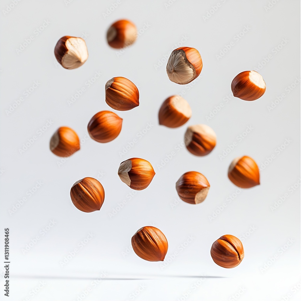 Poster floating hazelnuts against a light background perfect for food and health projects : generative ai