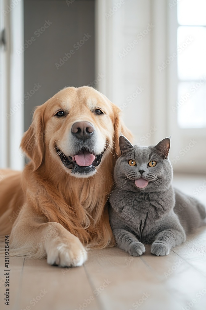 Poster joyful golden retriever and adorable gray cat relaxing together in a cozy home scene : generative ai