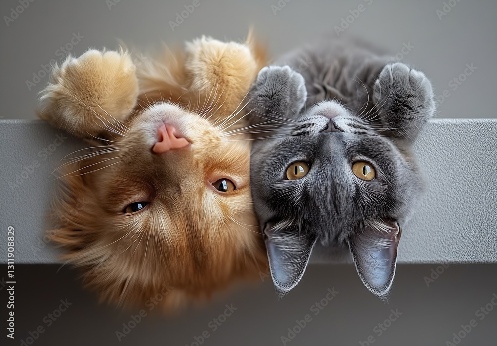Poster endearing golden retriever and cute gray cat sharing a playful moment on a soft surface : generative
