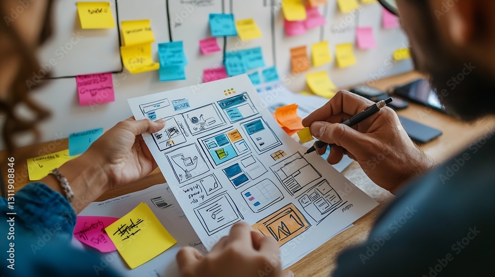 Poster Creative Team Collaboration on Design Project with Colorful Sticky Notes and Inspiration : Generative AI