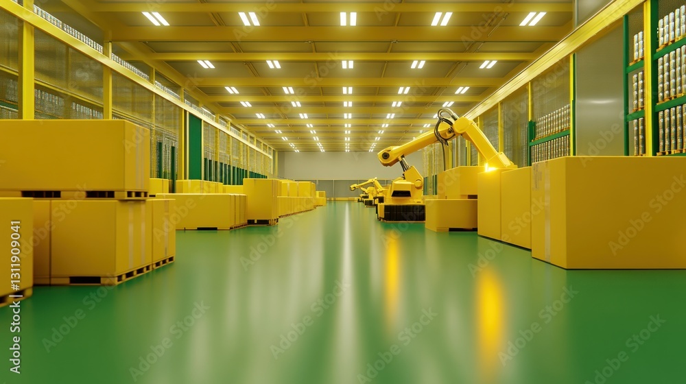 Poster automated warehouse: yellow robots and boxes in a modern factory