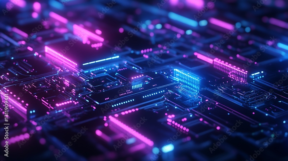 Aufkleber Futuristic Technology Background with Neon Lights and Circuit Board Details in Blue and Pink : Generative AI