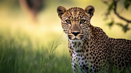 Fototapeta premium Safari experience at its finest: A majestic big cat surveys the vast golden plains