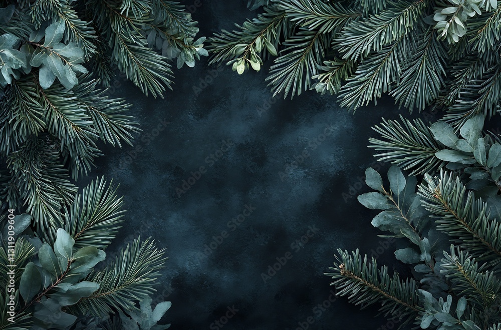 Poster dark green pine leaves frame isolated on black background : generative ai