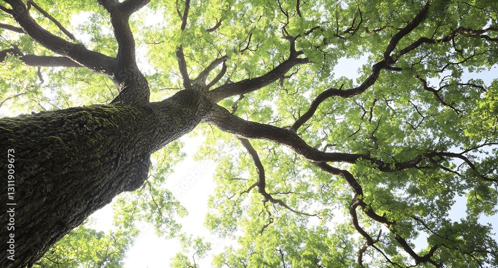 Leinwandbilder majestic tree viewed from below with sunlight filtering through the leaves : generative ai