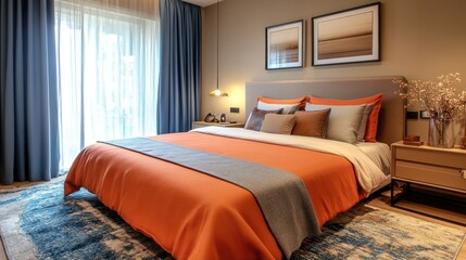 Modern Bedroom Interior with Orange Bedding and Blue Accents Design