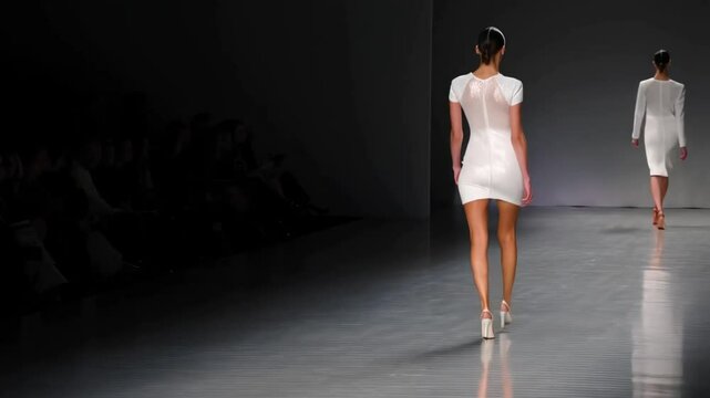 Back view of super model in white dress on fashion show