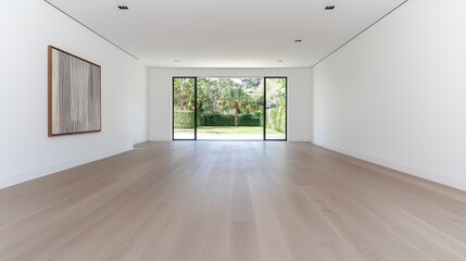 Fototapeta premium Modern Empty Room, White Walls, Hardwood Floor, Garden View
