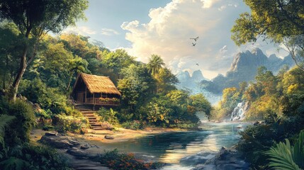 Fototapeta premium Serene Tropical Paradise Hut by the River with Lush Greenery and Majestic Mountains