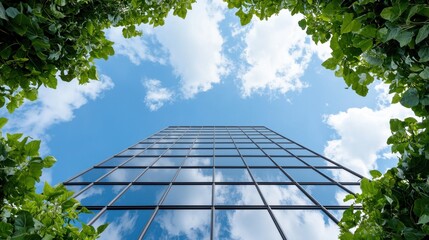 Modern Glass Building, Sky, Green Leaves