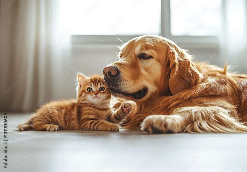 Aufkleber charming scene of a golden retriever with an orange tabby kitten relaxing together : generative ai