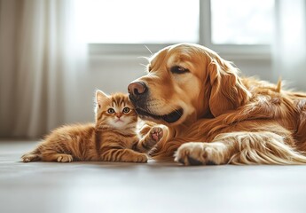 Charming Scene of a Golden Retriever with an Orange Tabby Kitten Relaxing Together : Generative AI