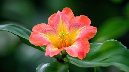 Fototapeta premium A vibrant flower with pink and yellow petals surrounded by lush green leaves, showcasing nature's beauty in a close-up view.