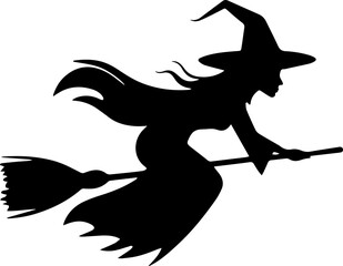 Fototapeta premium Witch on a broomstick black silhouette isolated on white background
