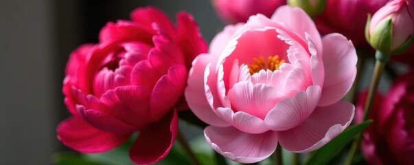 Obraz premium Bold red and soft pink peonies, close-up floral display, nature, pink flower, elegant