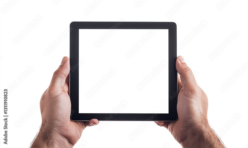 Poster blank digital tablet held in hands ideal for displaying content : generative ai
