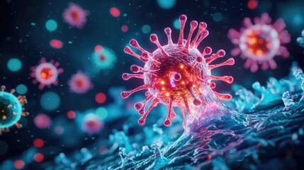 Iceberg melting idea. Colorful microscopic view of viruses attacking a cell in a digital representation.