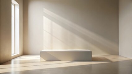 Fototapeta premium Sunlight streams through a window illuminating an empty minimalist room with a simple rectangular platform