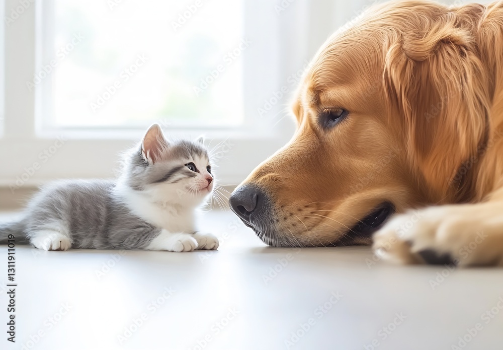 Aufkleber charming gray and white kitten gazing at golden retriever in a soft and bright environment : generat