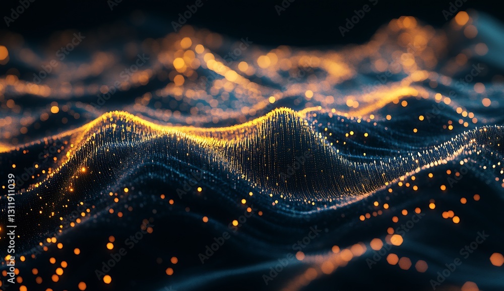 Poster waves of shimmering particles in warm orange and cool blue tones for abstract art : generative ai