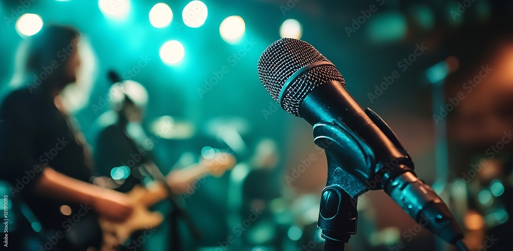 Poster Close up of a microphone with vibrant lighting at a live music event : Generative AI