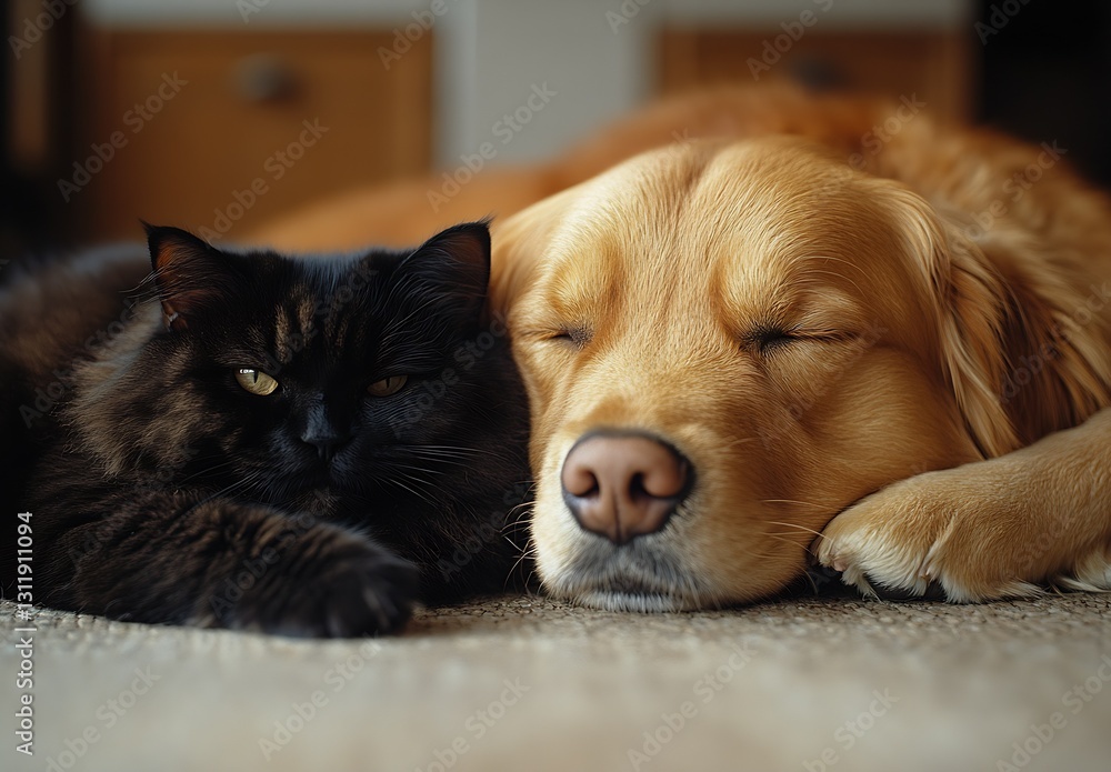 Poster sleeping cat and dog together in peaceful moment on soft carpet : generative ai
