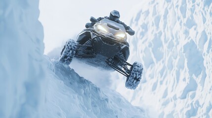 Snowmobile Front Flip Attempt in Deep Snowy Terrain