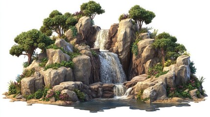 Serene Waterfall Landscape with Lush Greenery and Rocky Terrain
