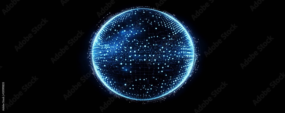 Poster Glowing Digital Sphere with Blue Particles and Dots on Black Background for Futuristic and Tech Designs : Generative AI