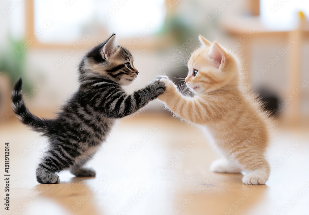 Poster Two Playful Kittens Engaged in Friendly Combat with Adorable Expressions and Soft Fur : Generative AI