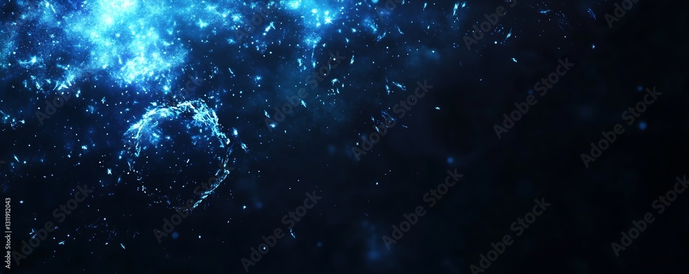Aufkleber Mystical Blue Cosmic Background with Glowing Particles and Stars Creating an Ethereal Atmosphere : Generative AI