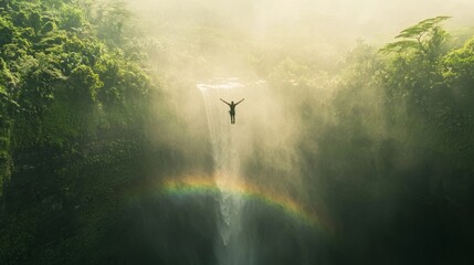 Obraz premium Thrilling Bungee Jump Over Spectacular Tropical Waterfall